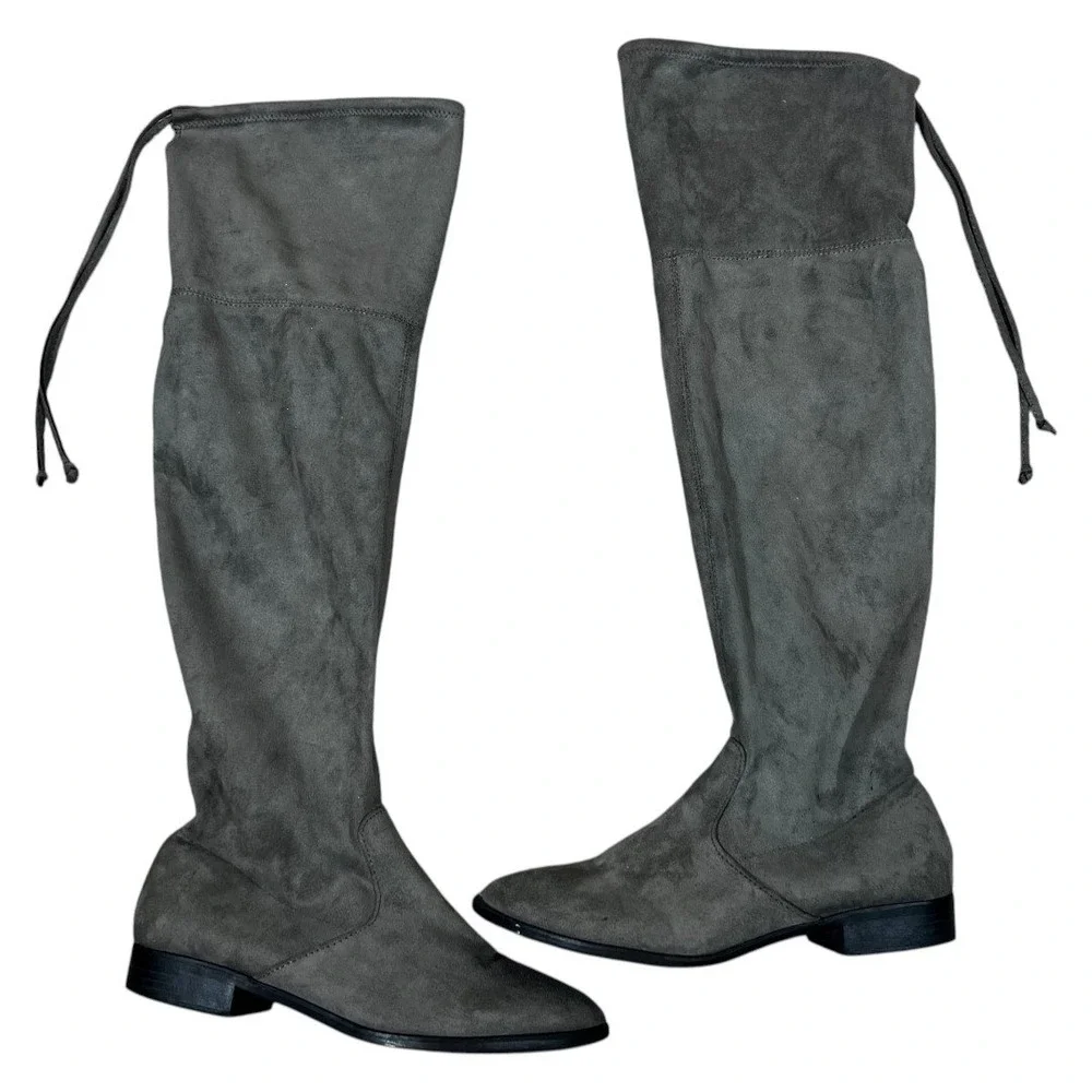 Womens Over The Knee Solid Boots Gray Boho Faux Suede Tie Back Size 8.5